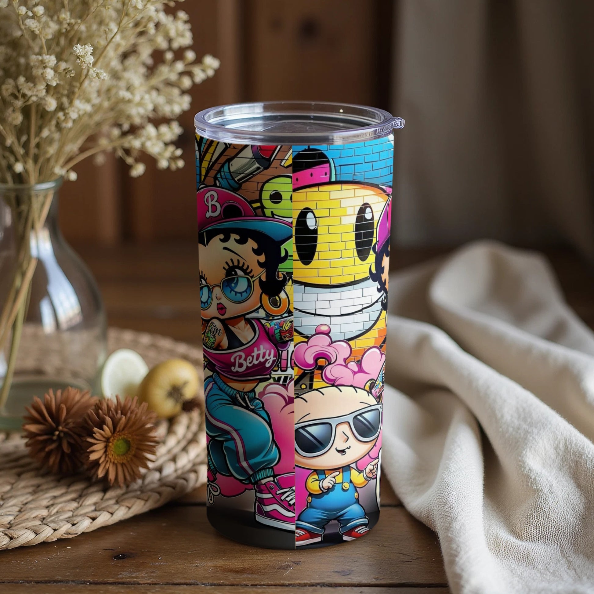Colorful Cartoon Characters Artwork on Tumbler Product