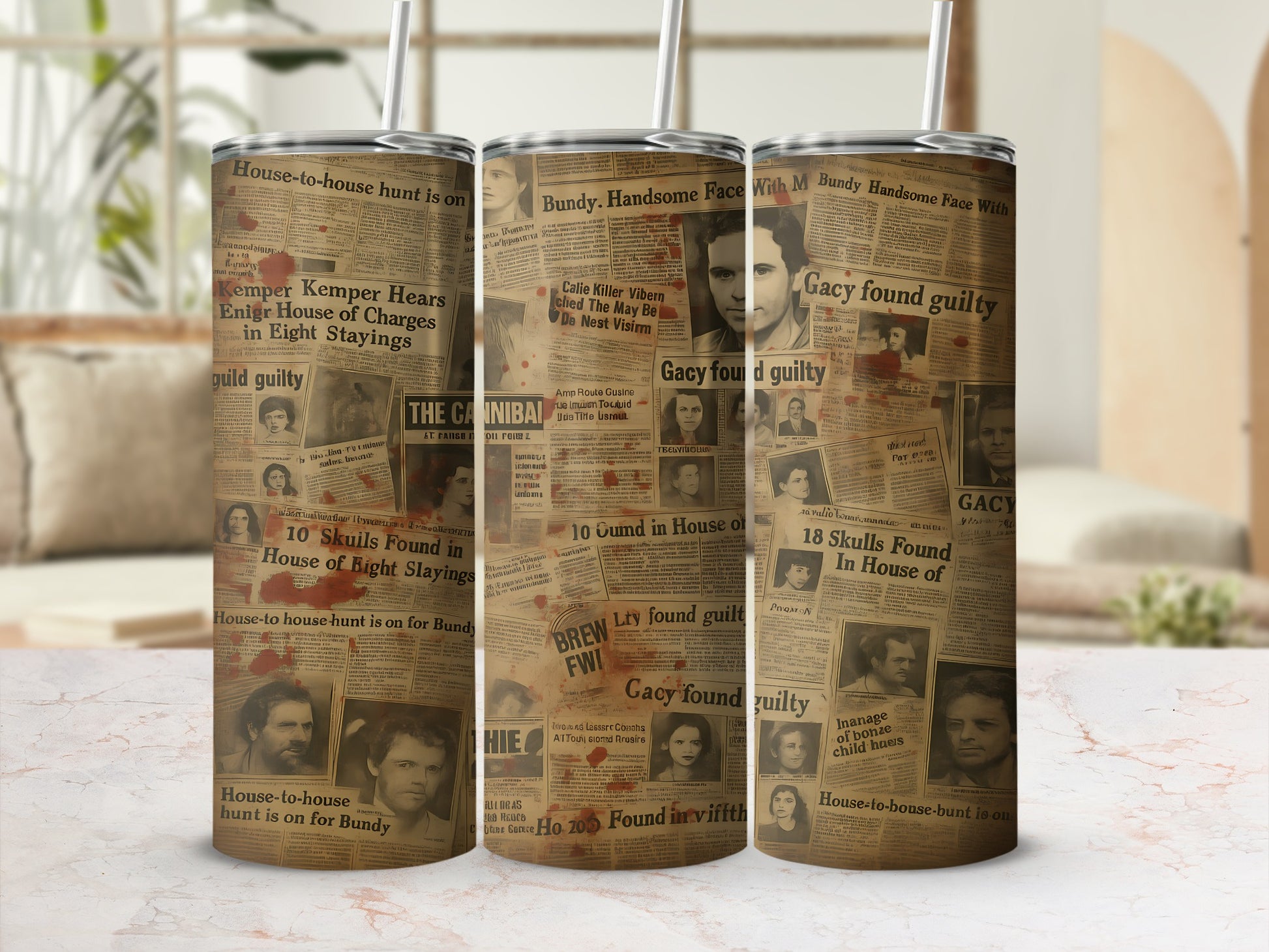 Tumblers with newspaper clippings of true crime headlines and mugshots.