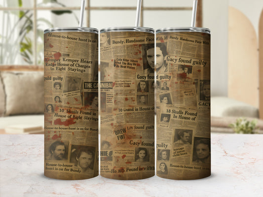 Tumblers with newspaper clippings of true crime headlines and mugshots.