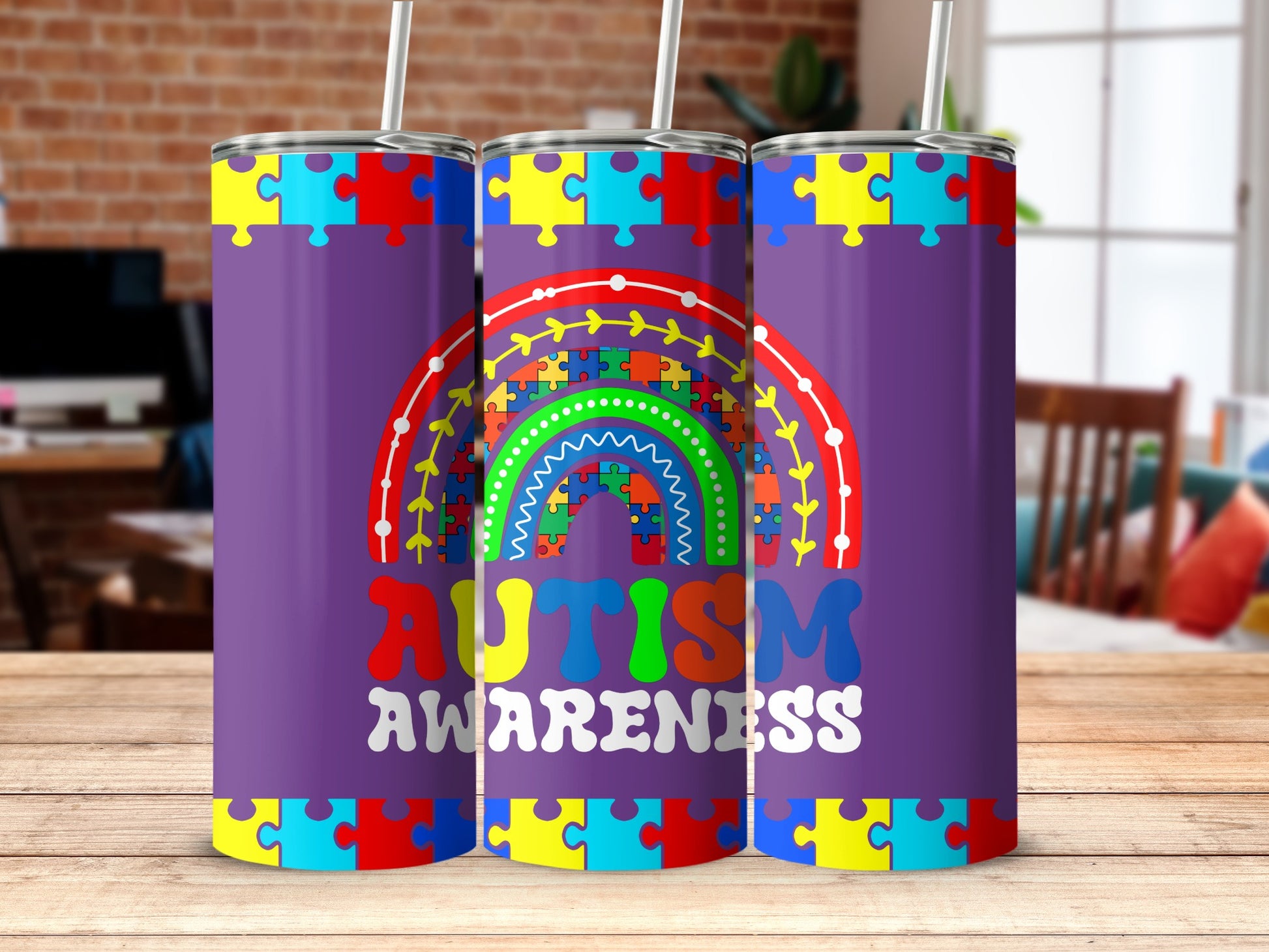 Autism Awareness Rainbow Puzzle Design Tumbler
