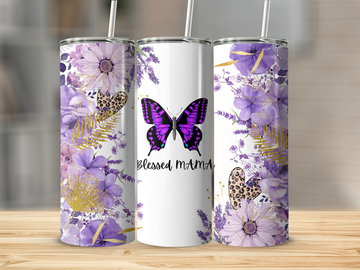 Purple Floral Butterfly Blessed Mama Tumbler Design