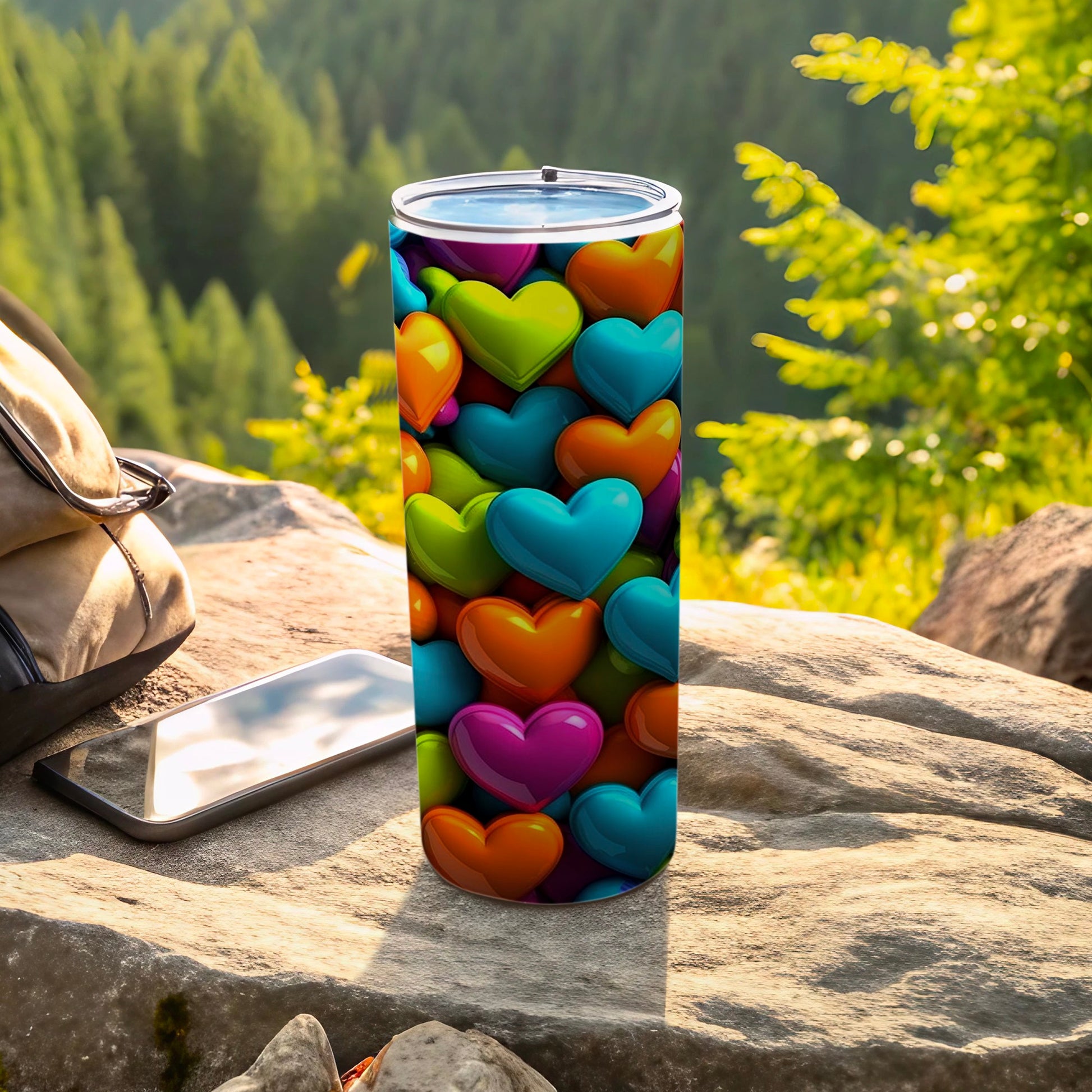 Tumbler with colorful heart pattern on rock with backpack and phone.