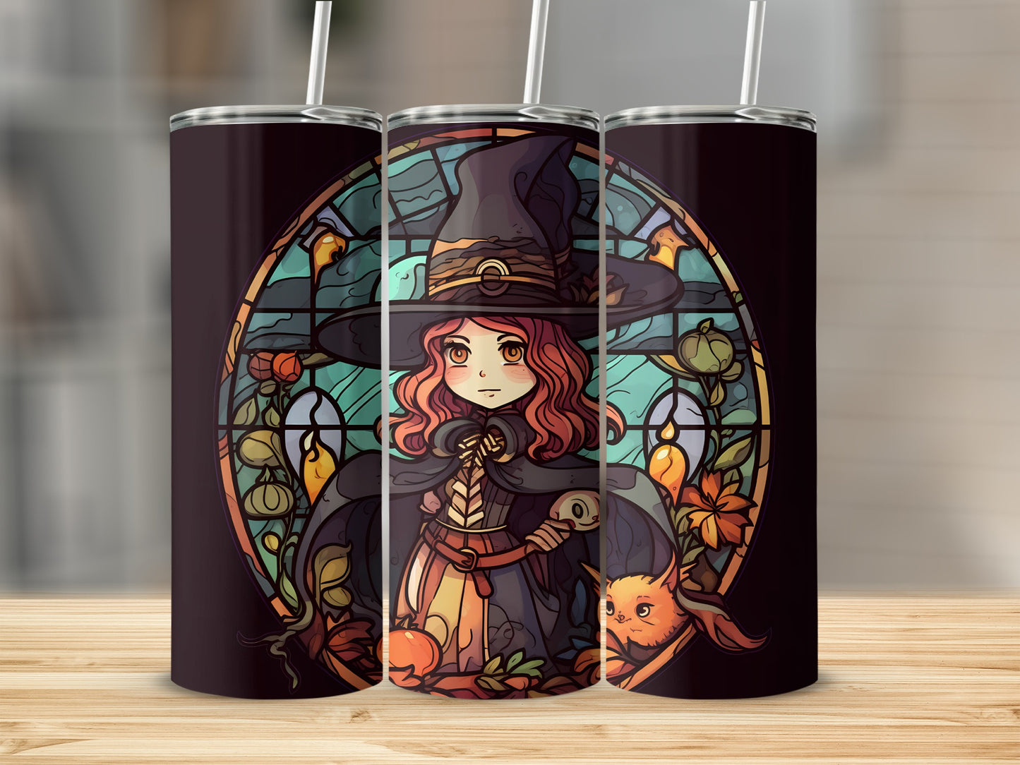 Stained glass style tumbler with witch and cat design.