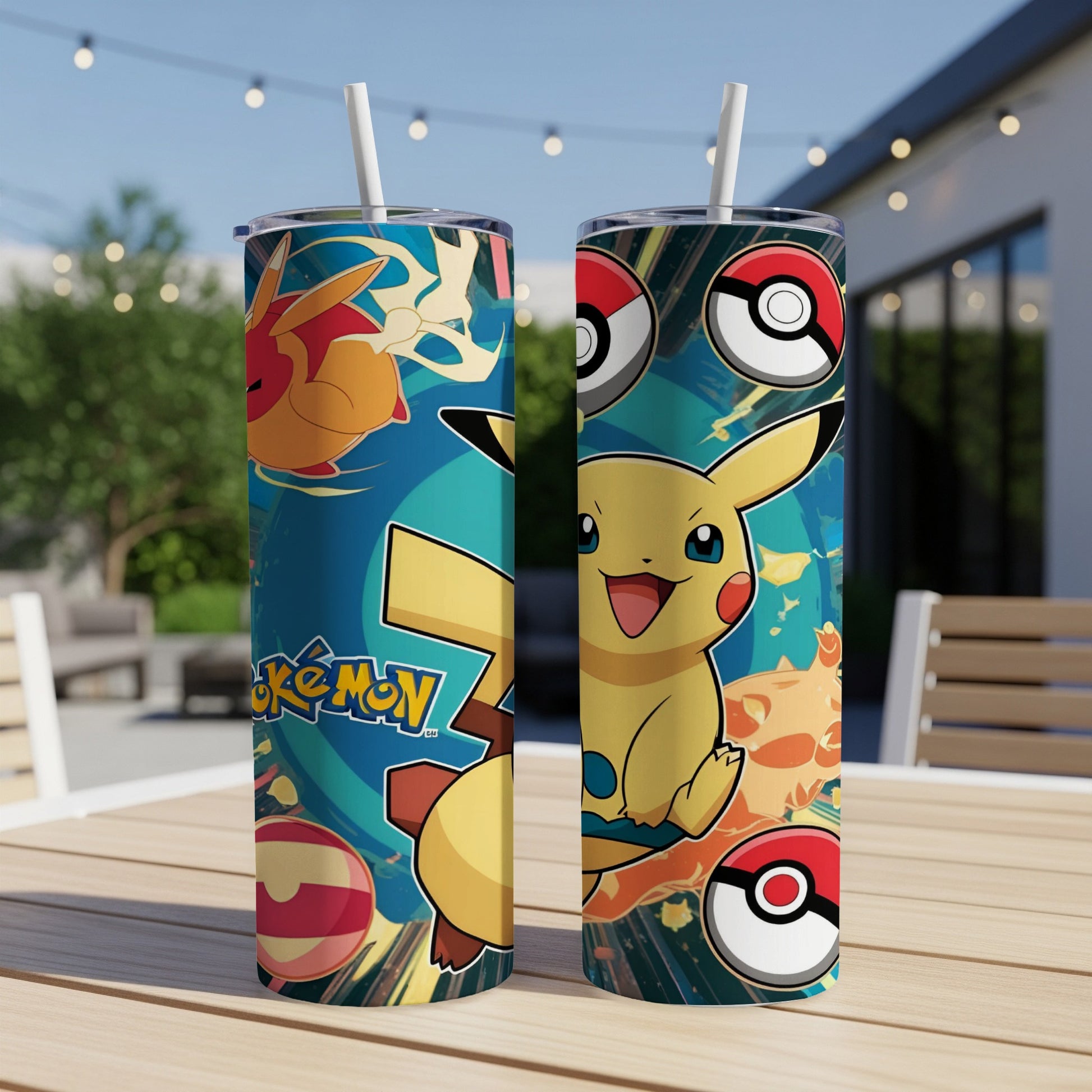 Two Pokémon tumblers with Pikachu, Charmander, and Poké Balls.