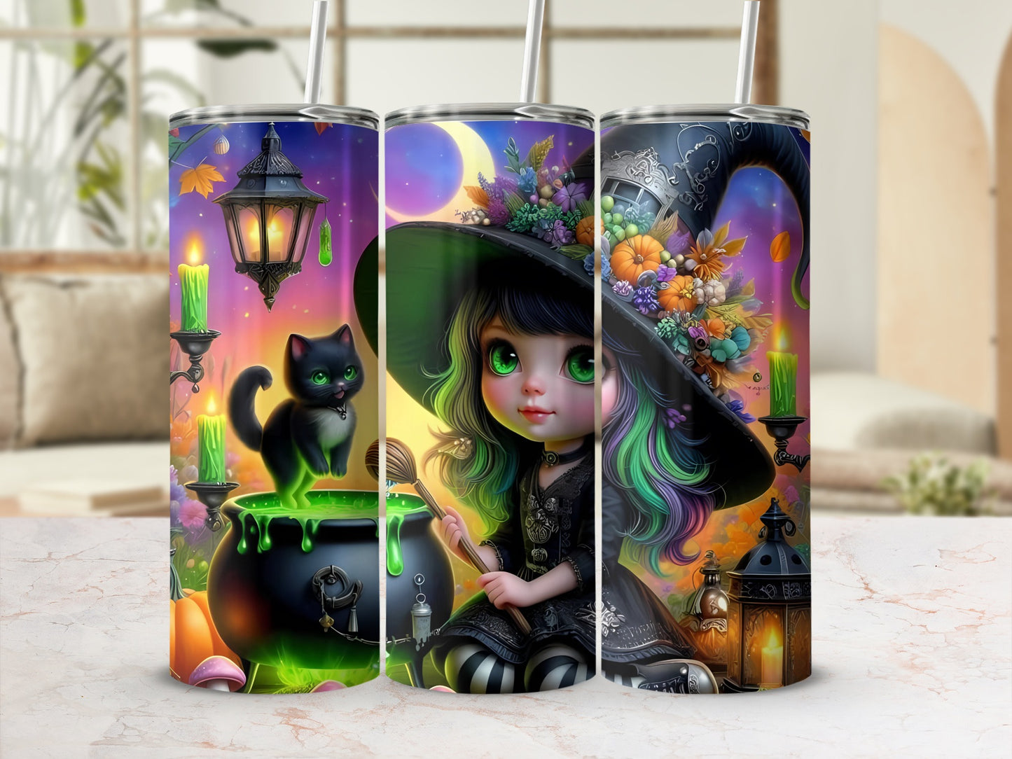 Enchanting Witch and Cat Tumbler with Halloween Design