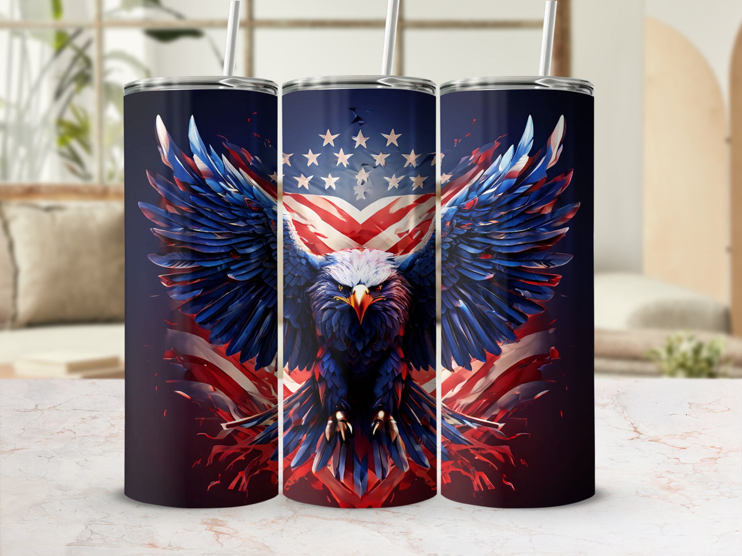 Eagle with American flag wings on patriotic tumbler.