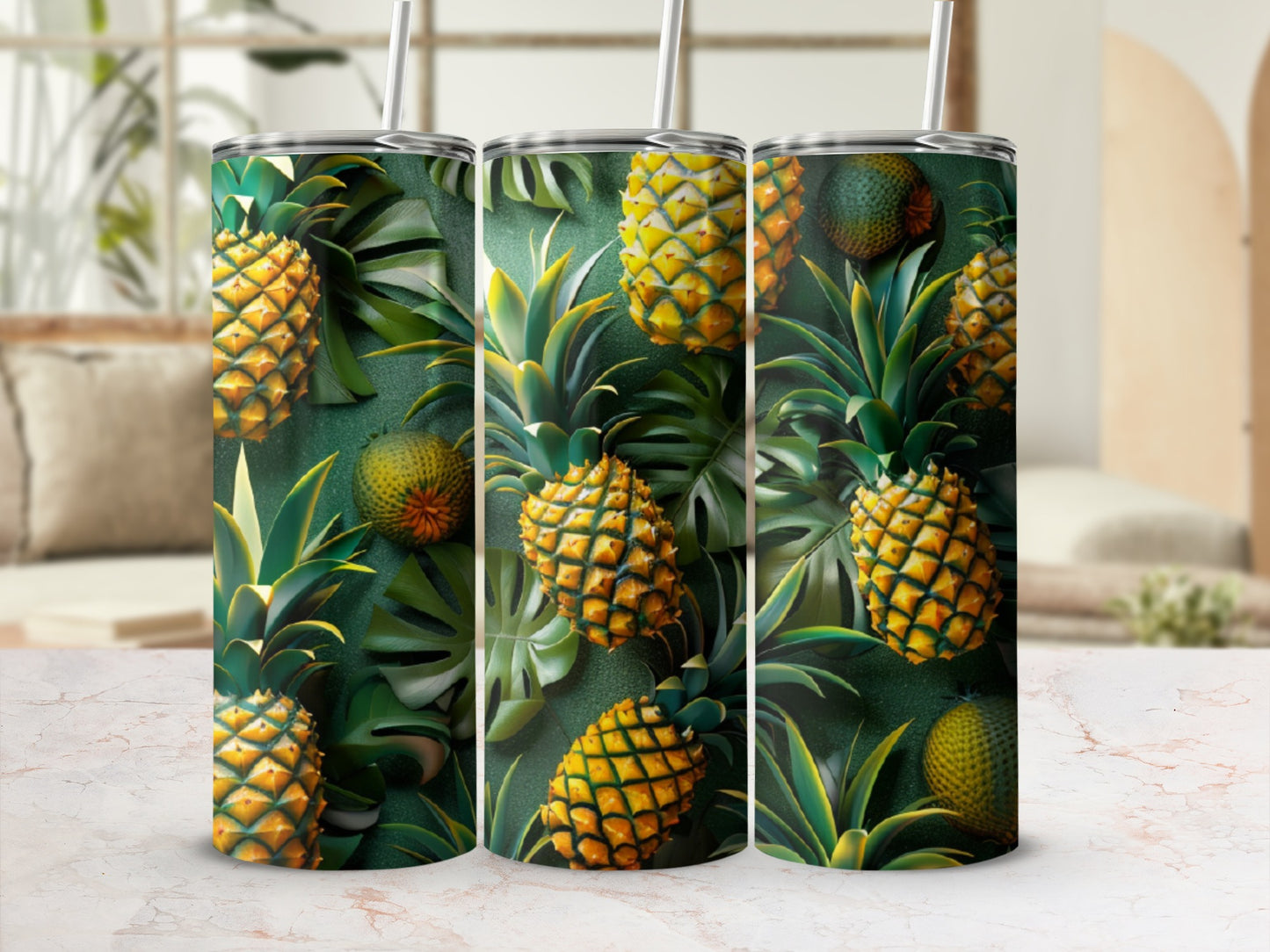 Green tumbler with pineapple and tropical leaf pattern.