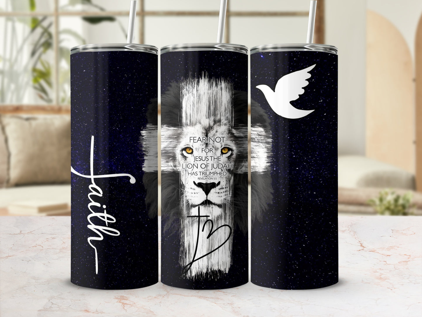 Inspirational Lion Cross and Dove Design Drinkware