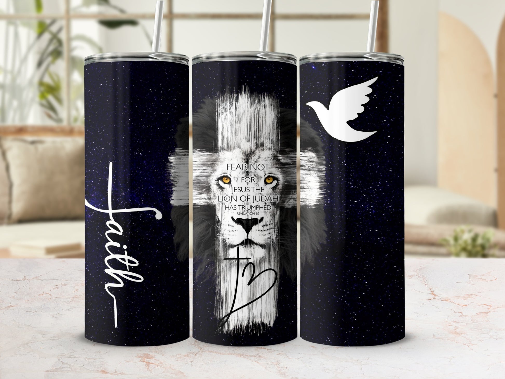 Inspirational Lion Cross and Dove Design Drinkware