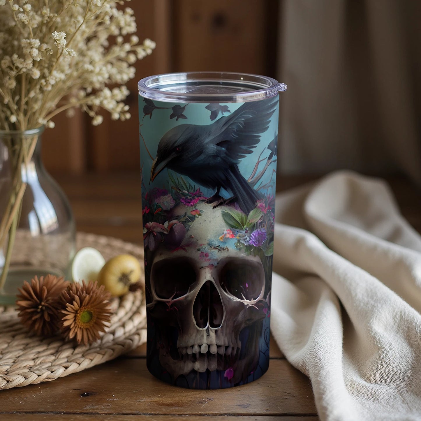 Gothic Skull and Crow Art Tumbler for Coffee Lovers