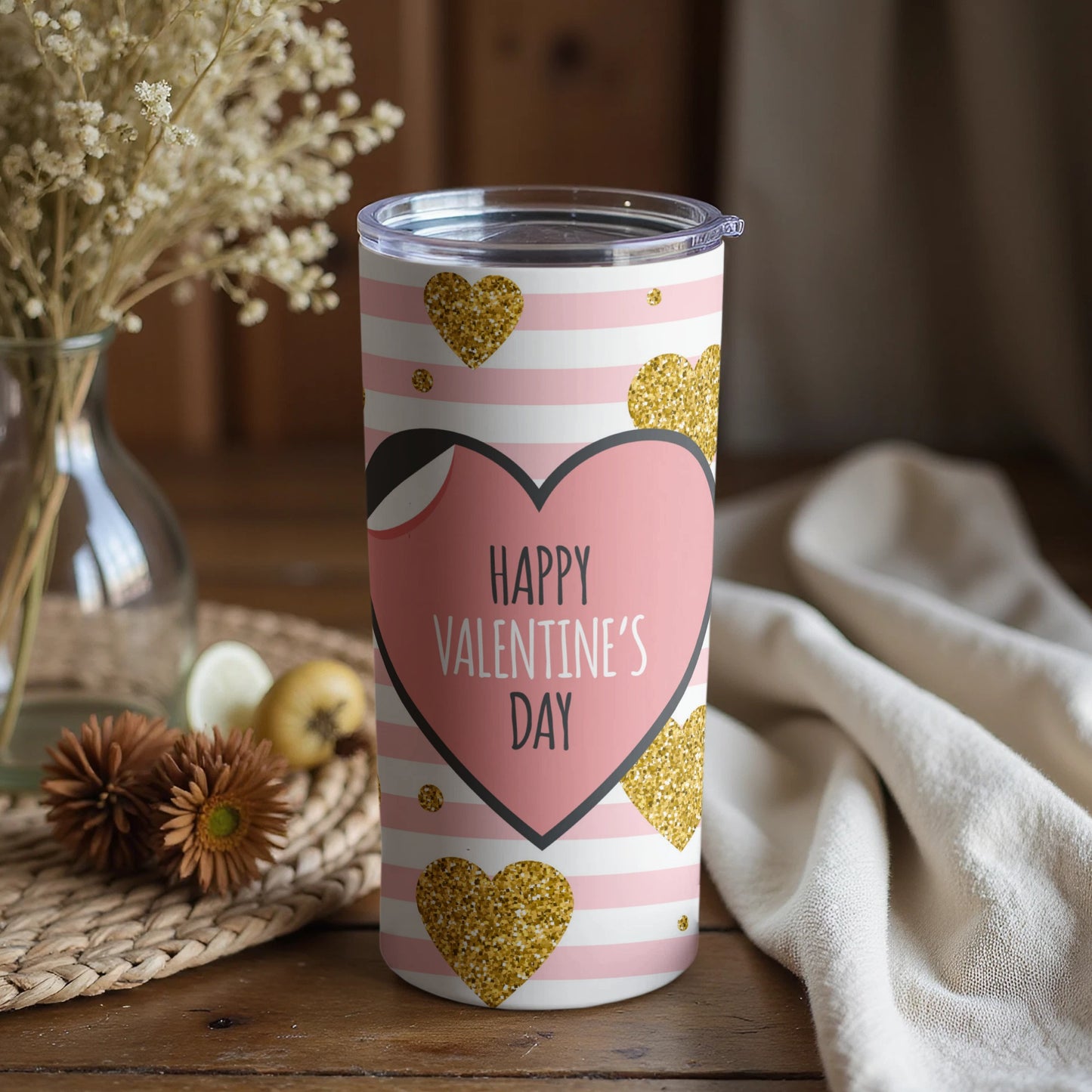 Happy Valentine's Day Glitter Hearts Travel Tumbler