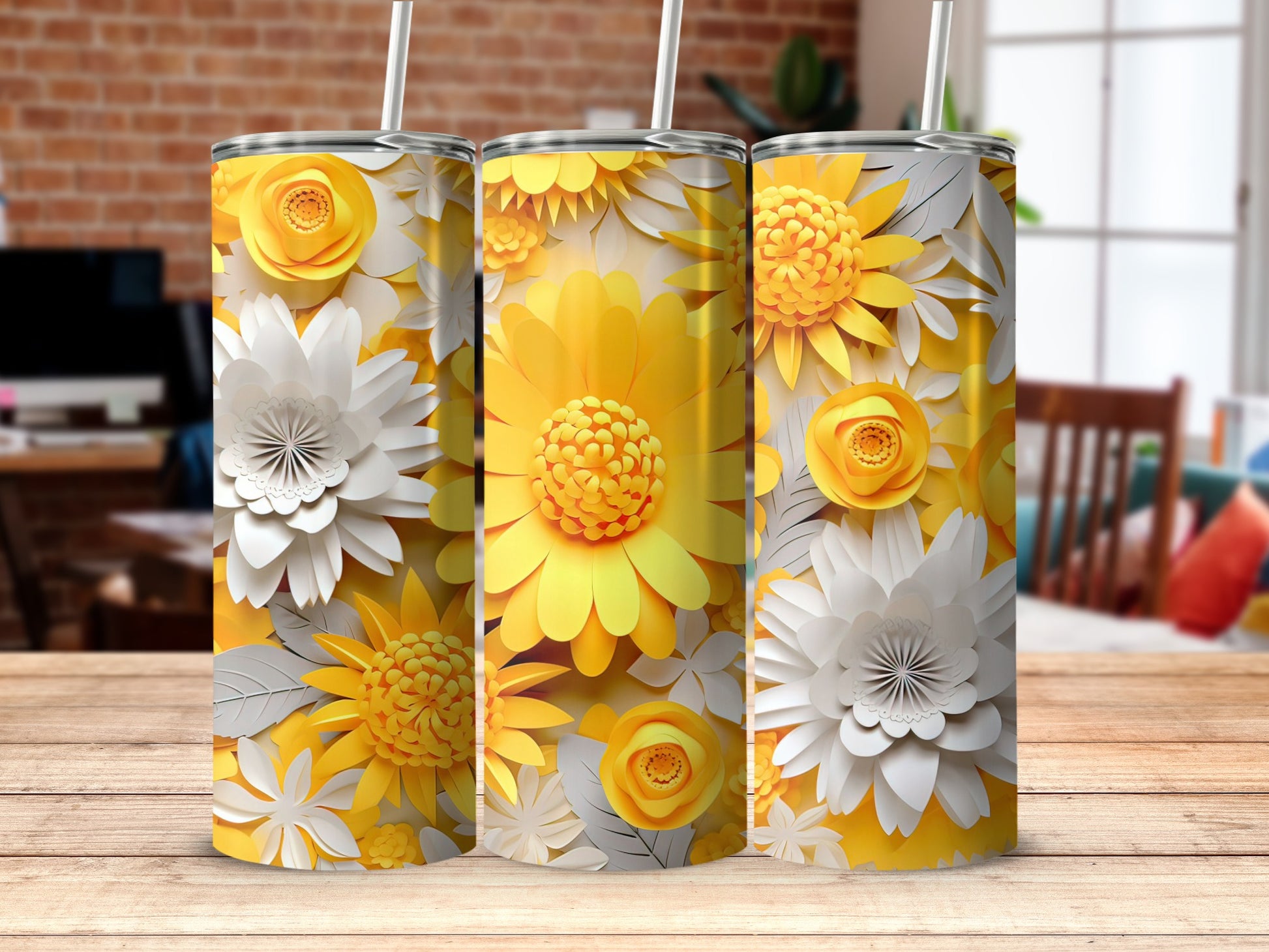 Bright Yellow and White Floral Pattern Tumbler