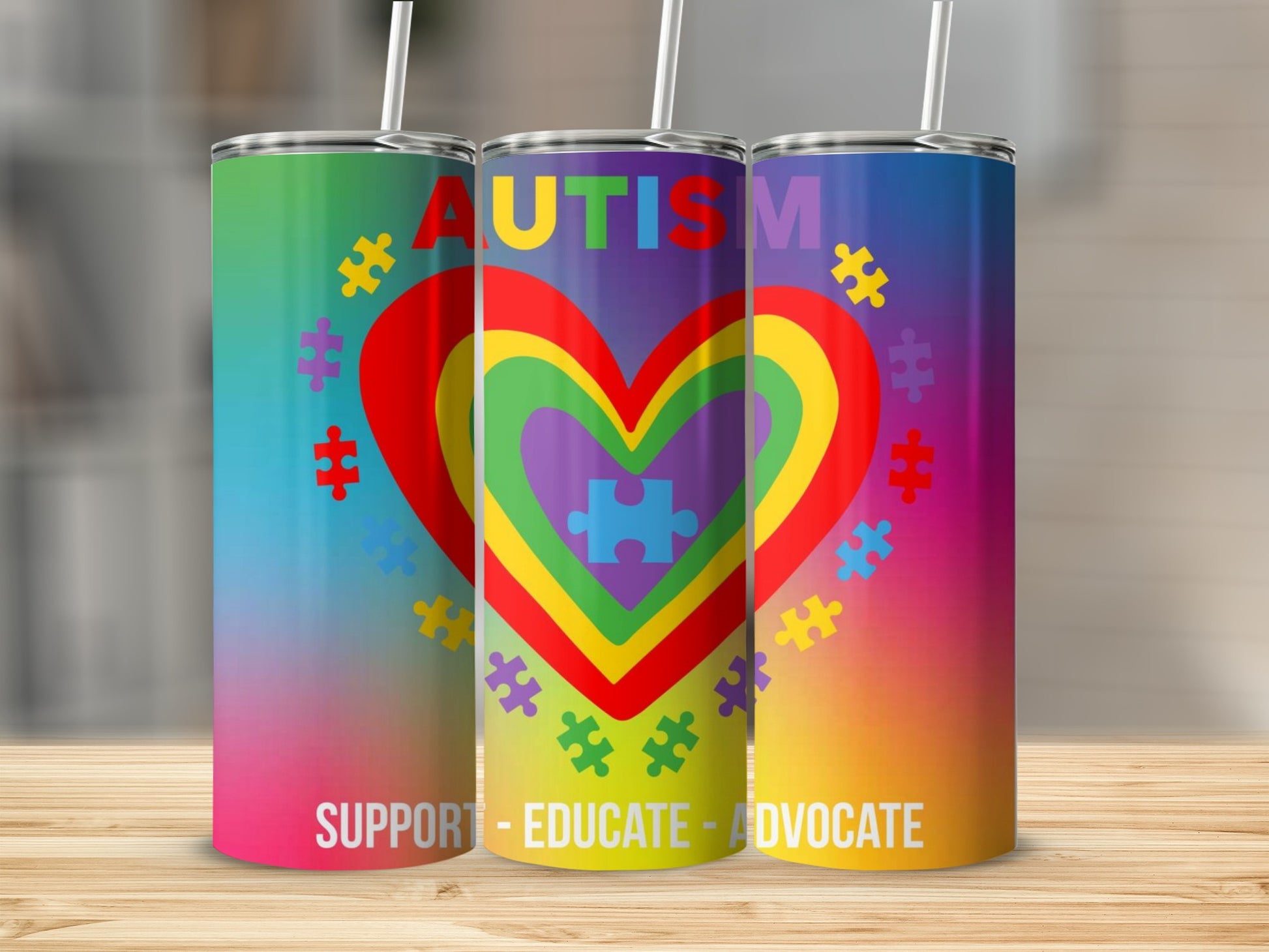Autism Awareness Rainbow Heart Tumbler Cup 20oz