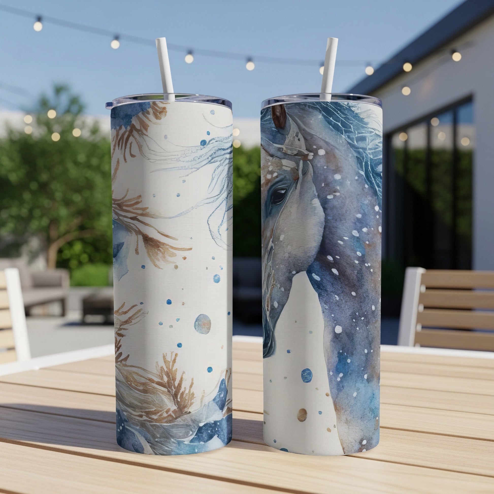 Two tumblers with blue horse watercolor designs, one close-up of a horse's head.