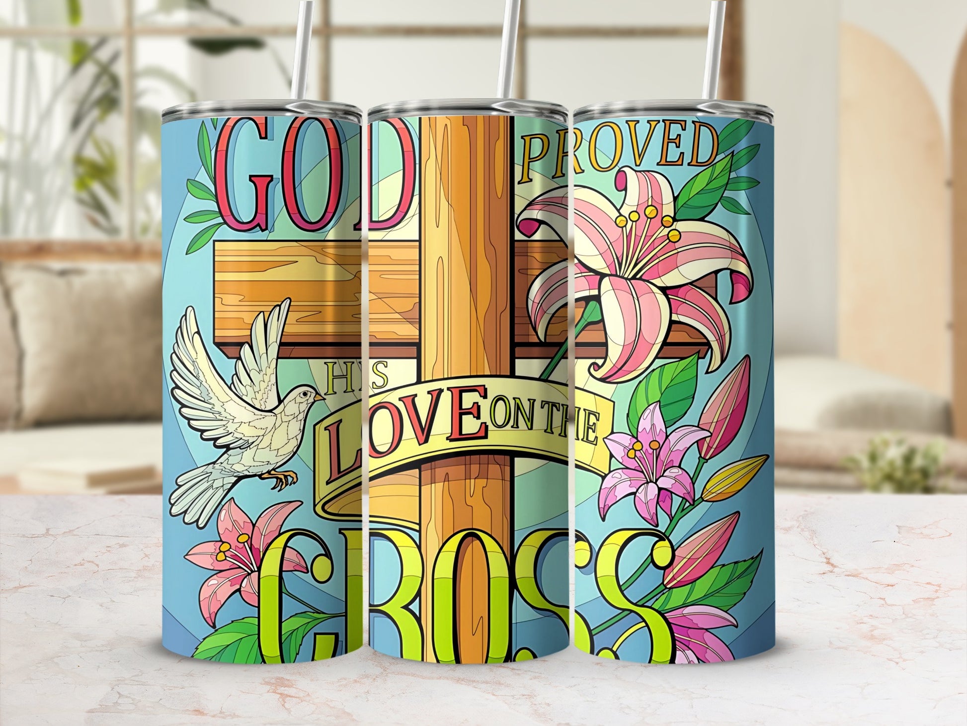 God Proved His Love on the Cross Colorful Tumbler Design