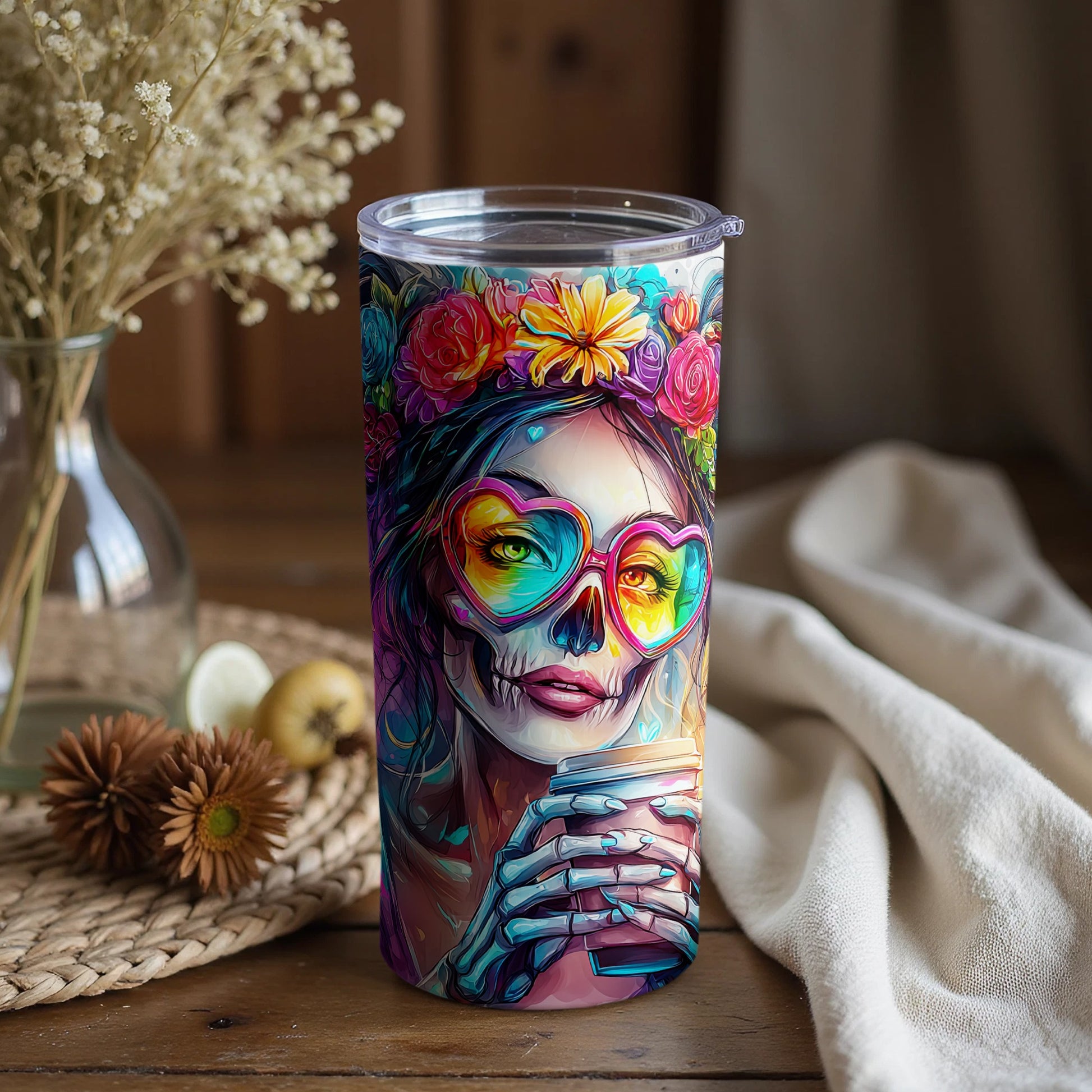 Colorful Day of the Dead Skull Art Tumbler