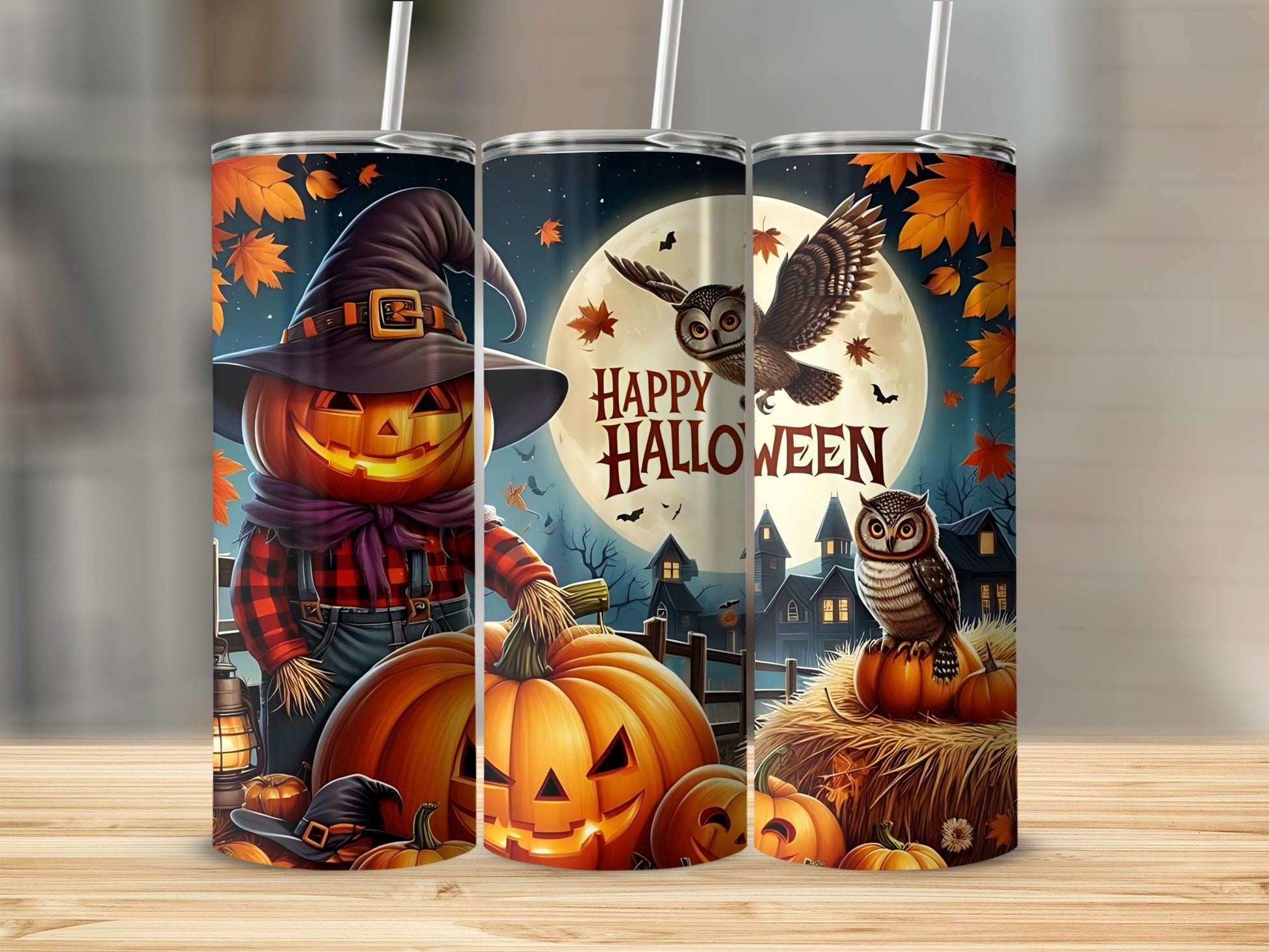 Halloween tumblers with pumpkin scarecrow, owls, haunted houses, and full moon.