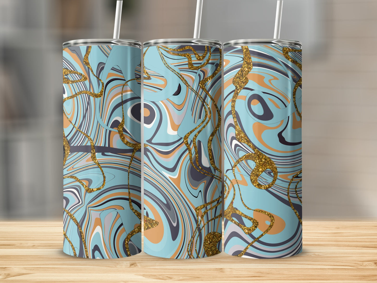 Abstract Swirl Blue And Gold Artistic Pattern Tumblers