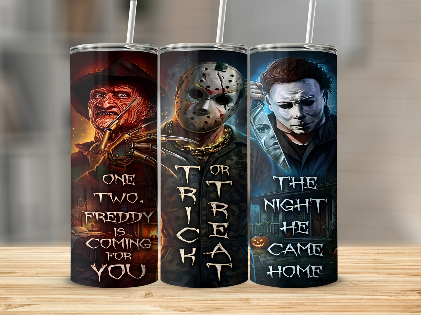 Three tumblers feature horror movie characters and quotes: Freddy Krueger, Jason Voorhees, and Michael Myers.