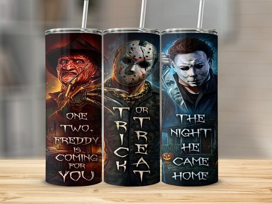 Three tumblers feature horror movie characters and quotes: Freddy Krueger, Jason Voorhees, and Michael Myers.