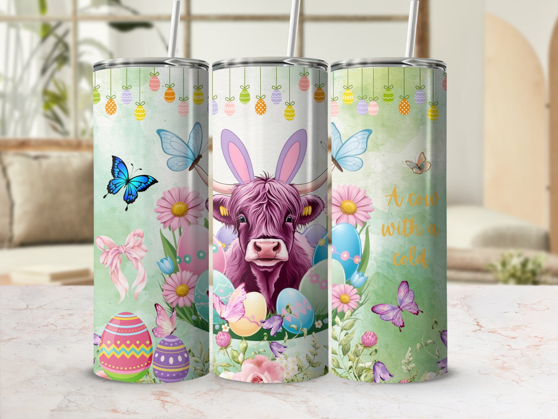 Cute Pastel Easter Cow with Butterflies Cold Cup