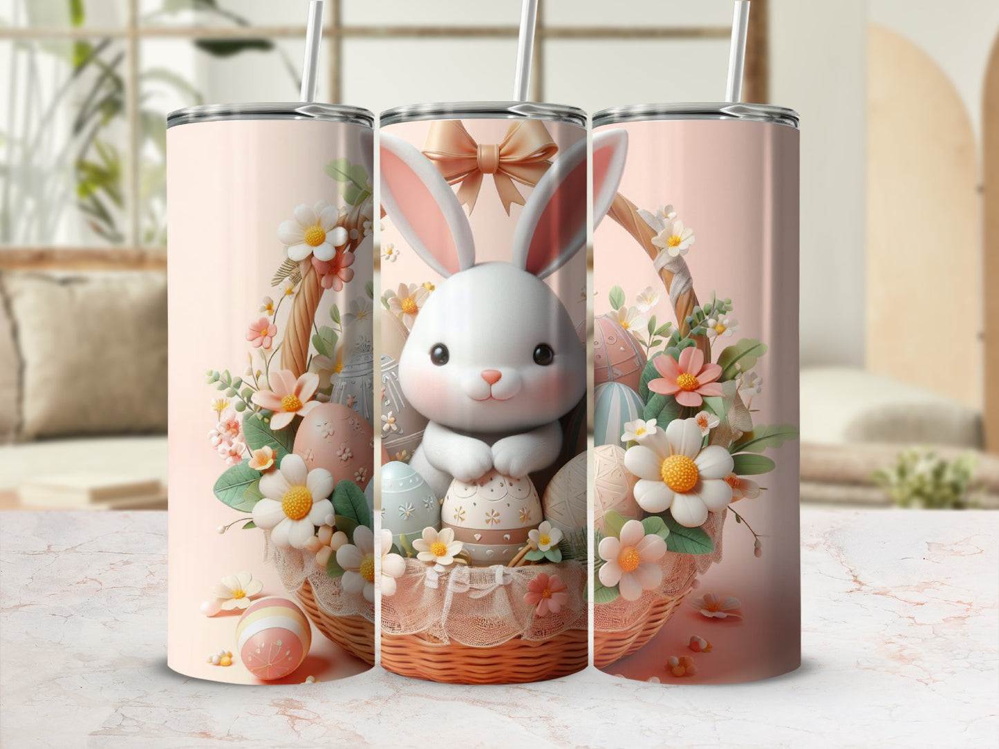 Easter bunny in basket with eggs and flowers, pink tumbler design.