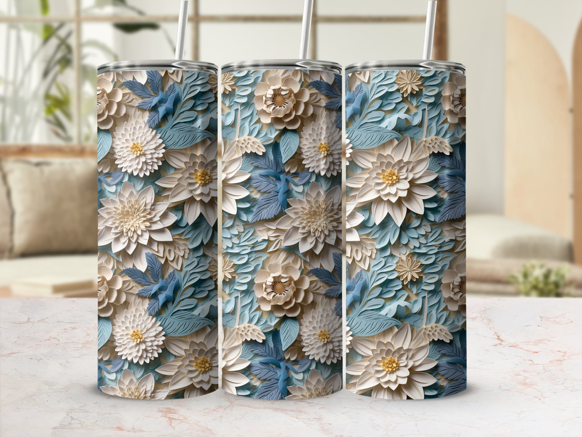 Floral Art Insulated Tumblers with Straws Cup Set