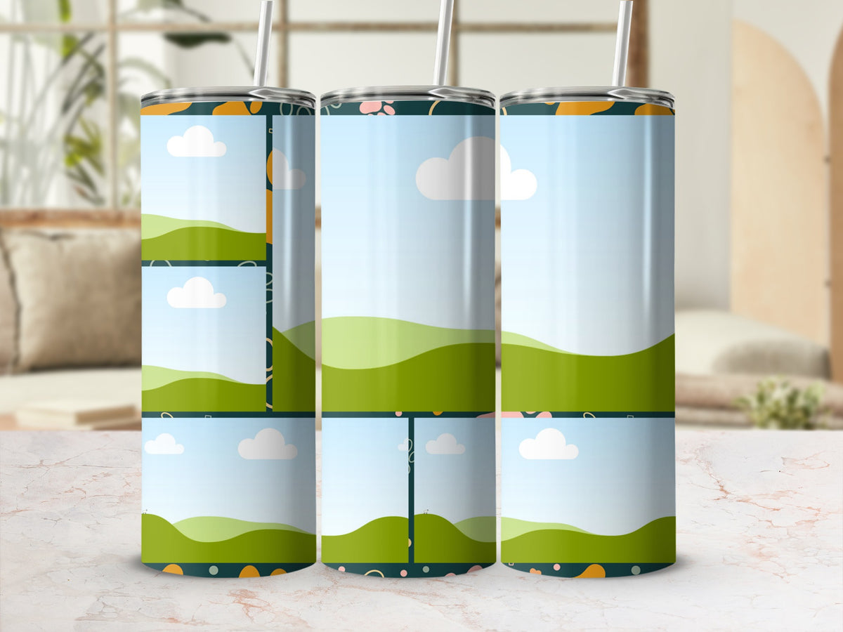 Three tumblers with a green hills and sky pattern, each with a straw.
