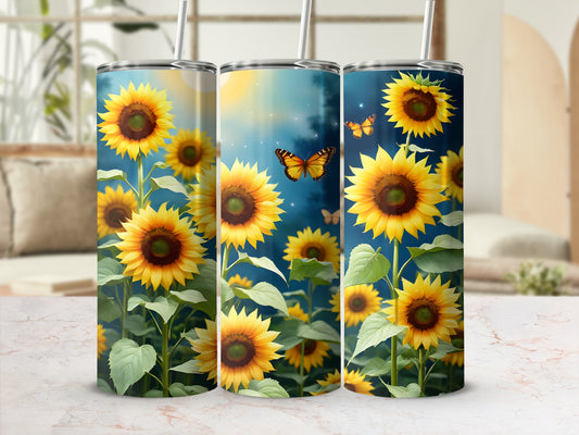 Sunflower tumbler with butterflies and bright sun.