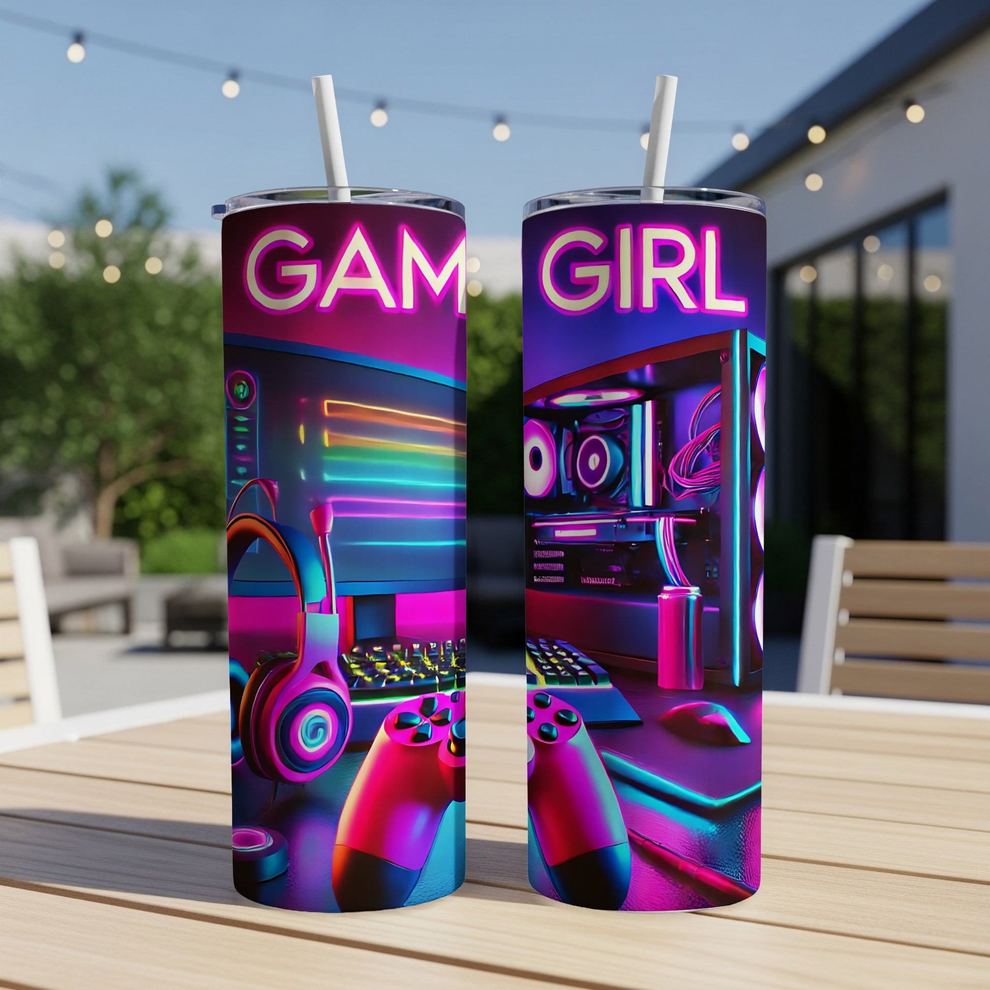 "GAMER GIRL" text on a tumbler with gaming headset and controllers.