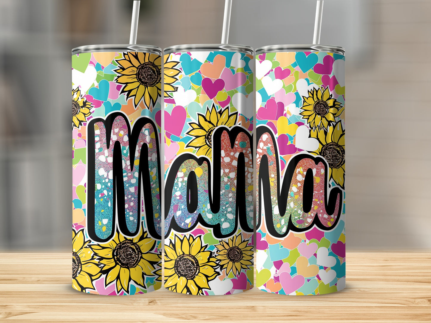 Colorful Hearts and Sunflowers Mama Tumbler Cup