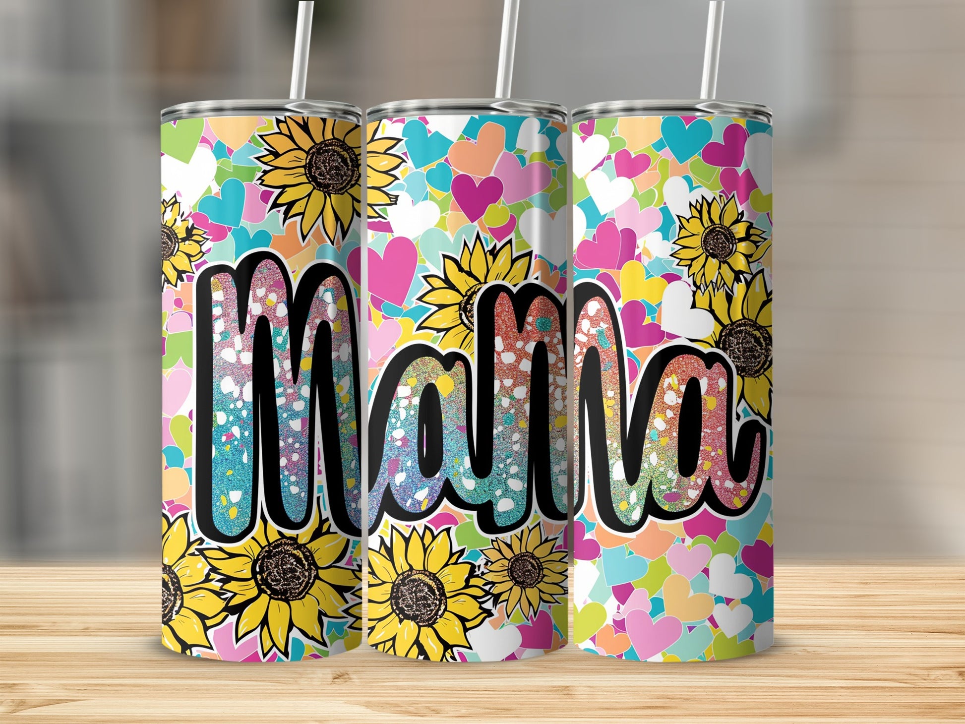 Colorful Hearts and Sunflowers Mama Tumbler Cup