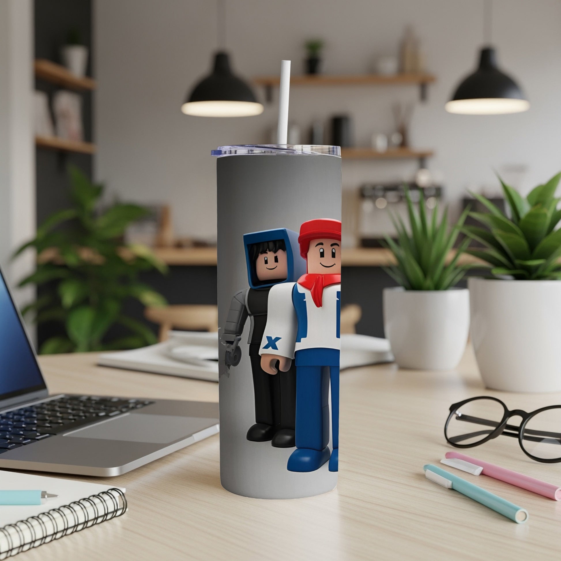 Roblox characters with blue and red outfits on a travel tumbler.