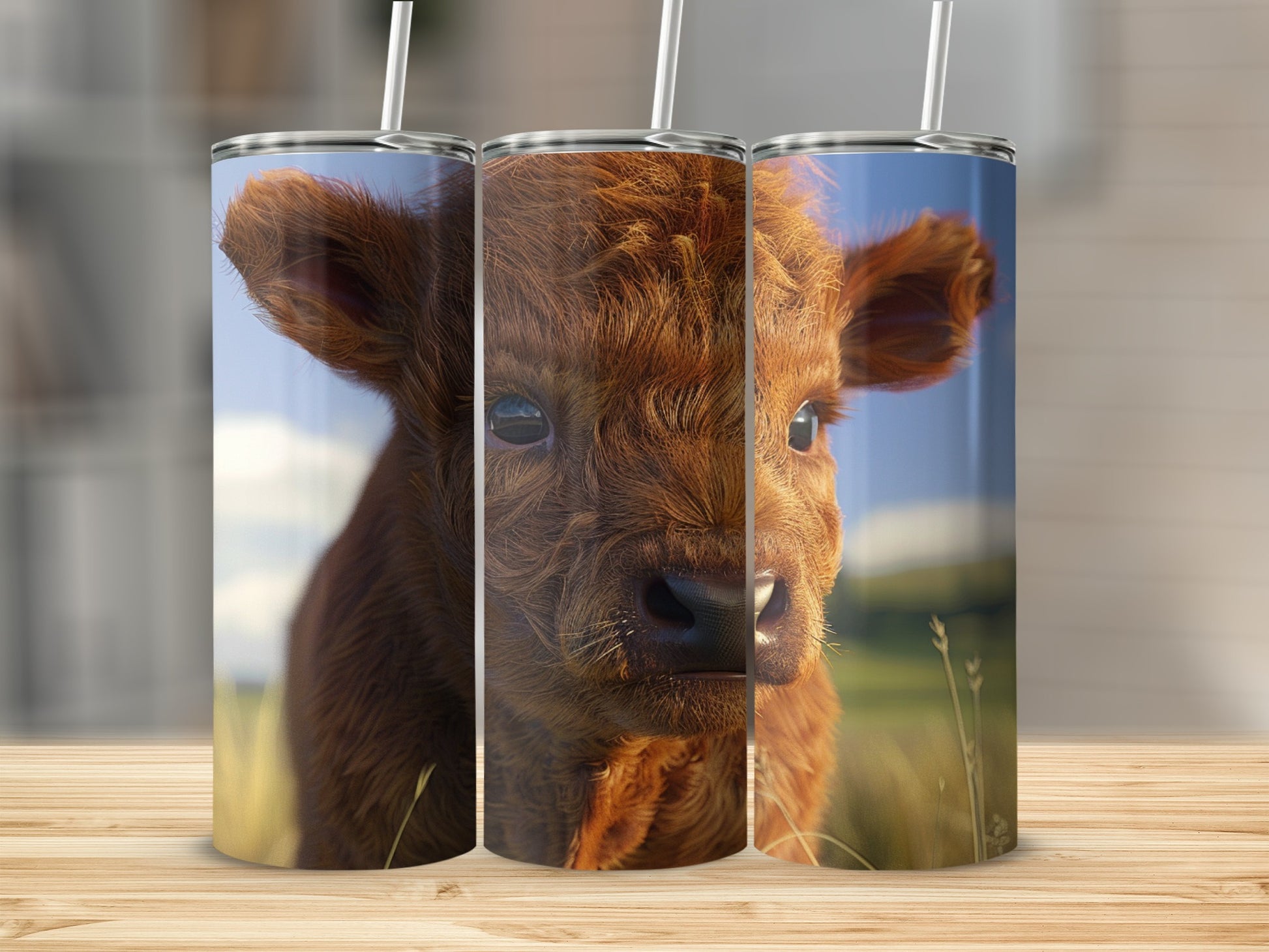 Close-up of a fluffy Highland cow calf on three tumblers.
