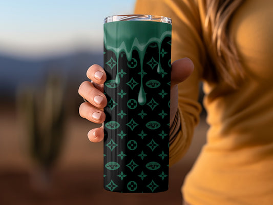 New York Jets Logos Green Drip Pattern Black Background Tumblers
