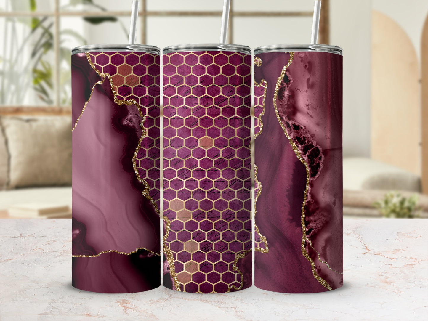 Burgundy agate design tumbler with gold honeycomb pattern.