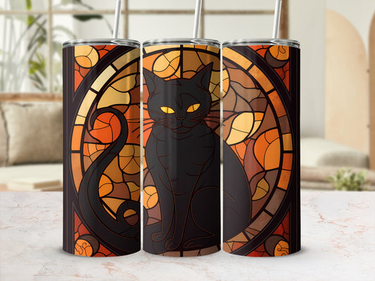 Black cat in stained glass pattern on a tumbler.