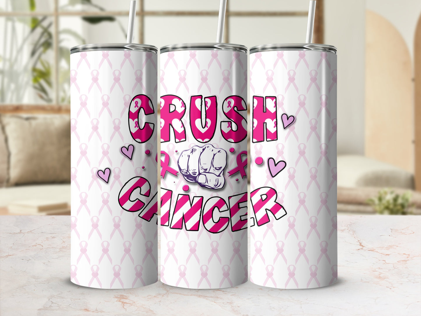 Tumbler with "Crush Cancer" text and pink ribbon pattern.
