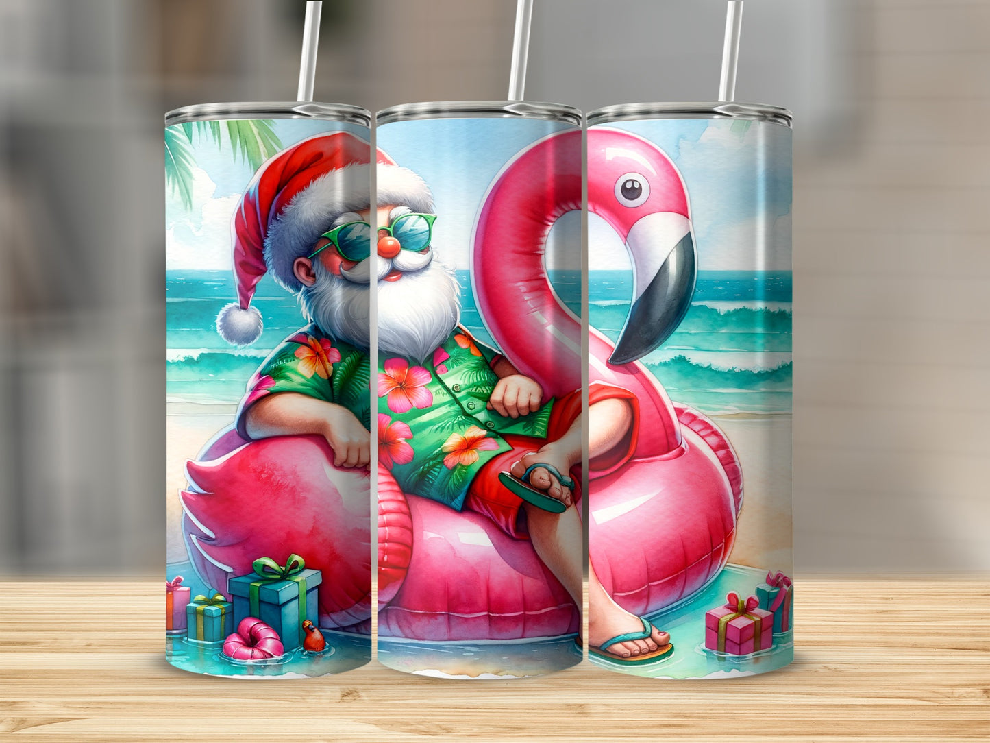 Santa Claus on a flamingo float with gift boxes and beach background.