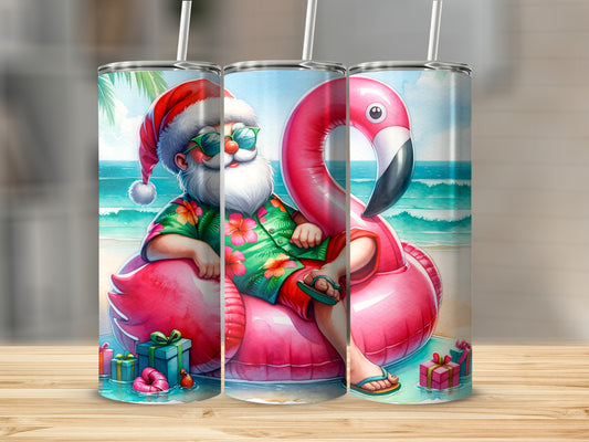 Santa Claus on a flamingo float with gift boxes and beach background.