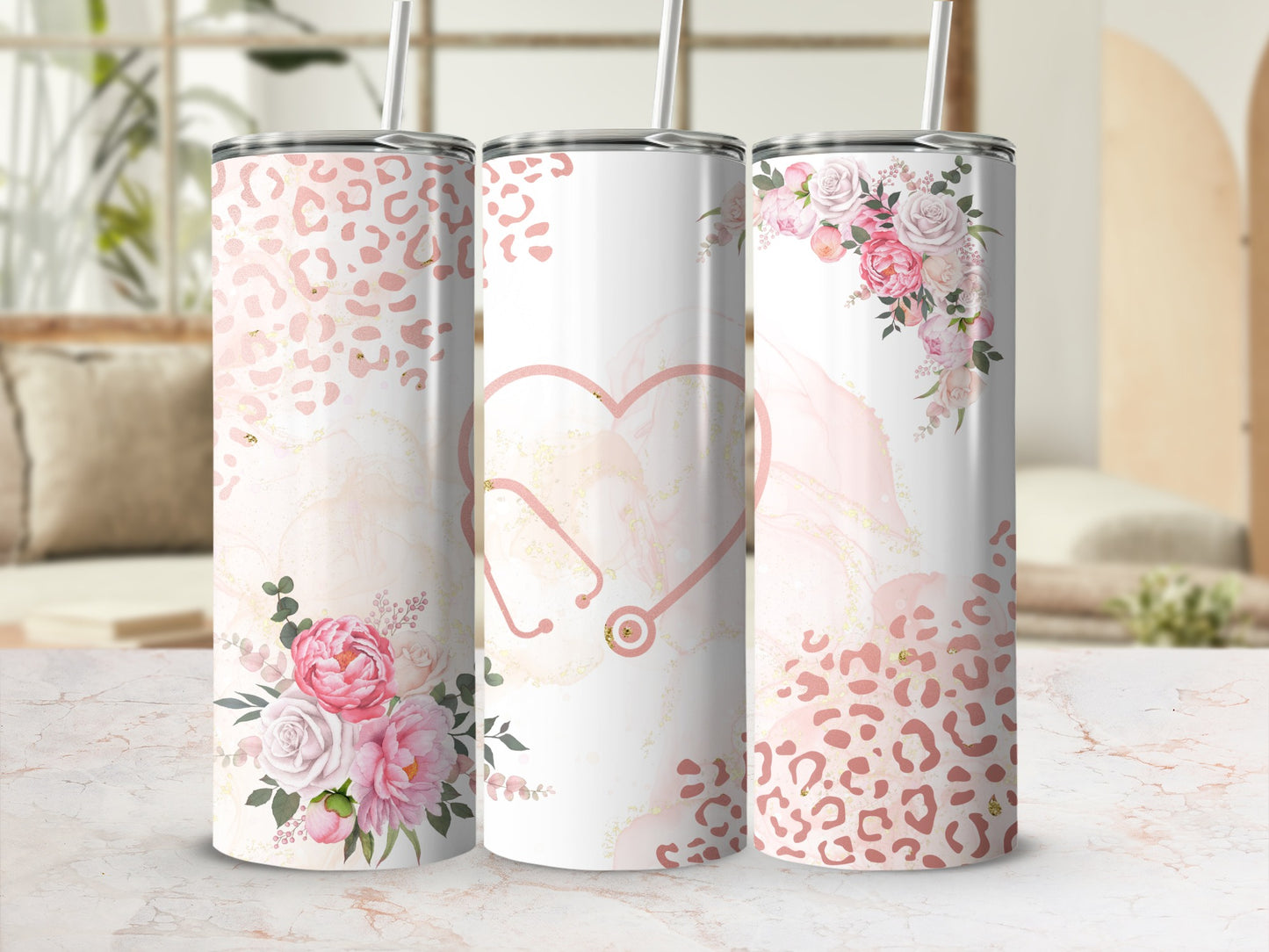 Pink stethoscope heart with leopard print and floral accents on white tumblers.