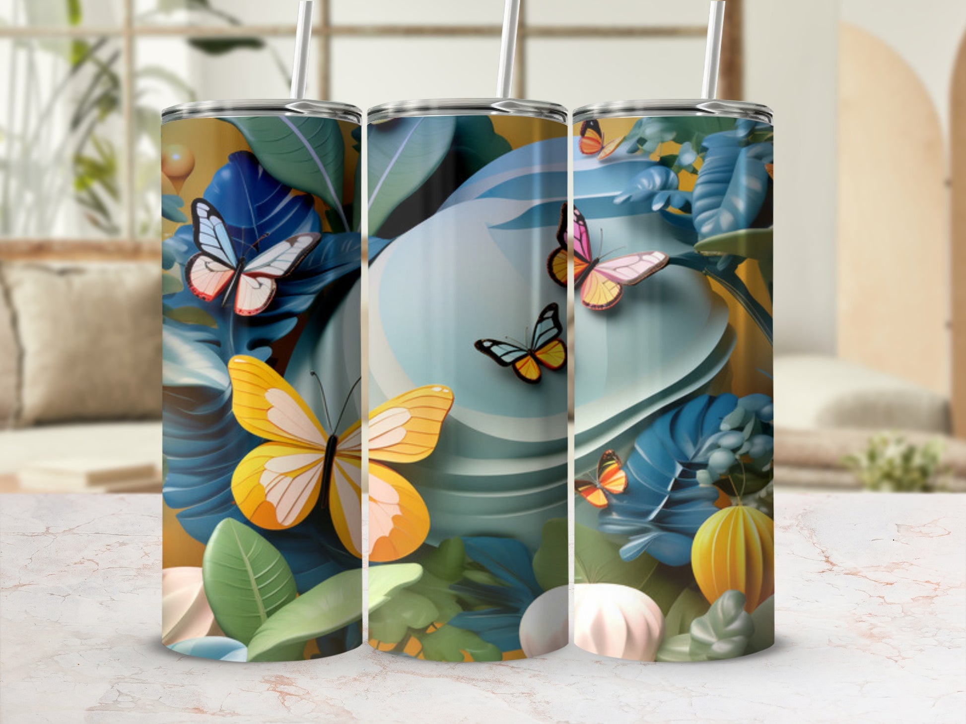 Tall tumbler with butterflies and tropical leaves design.