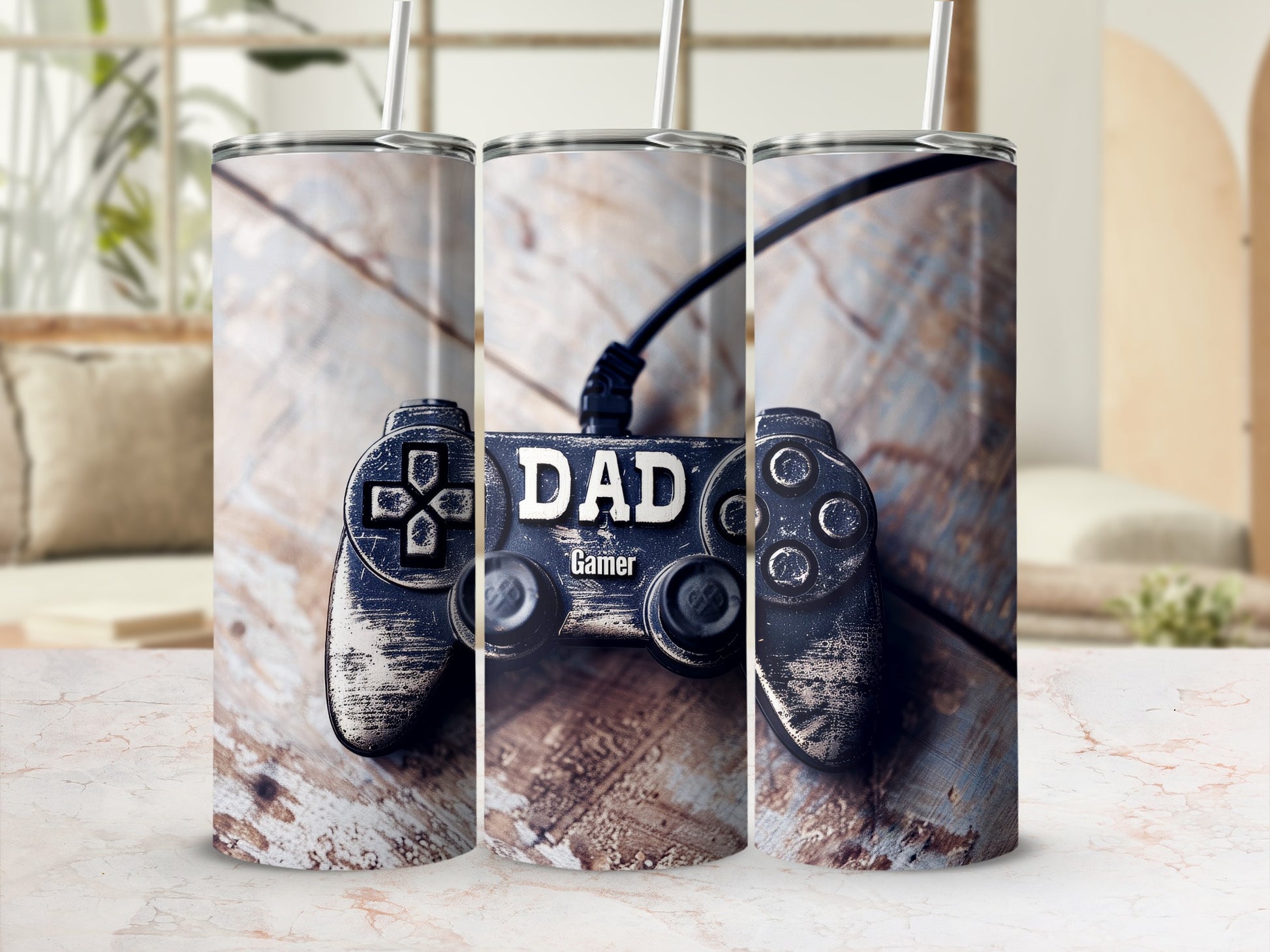 Black video game controller with "DAD Gamer" text, on a wood background.