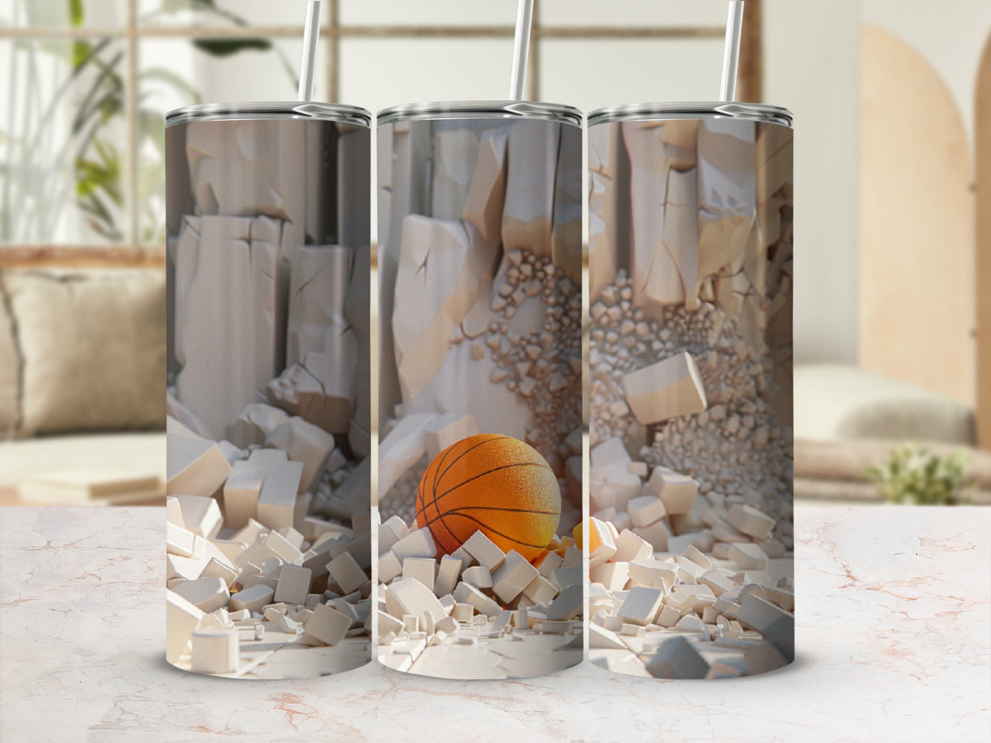 Basketball and debris design on three tumblers.