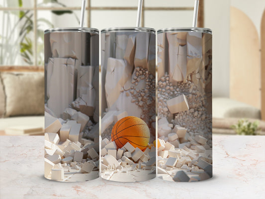 Basketball and debris design on three tumblers.