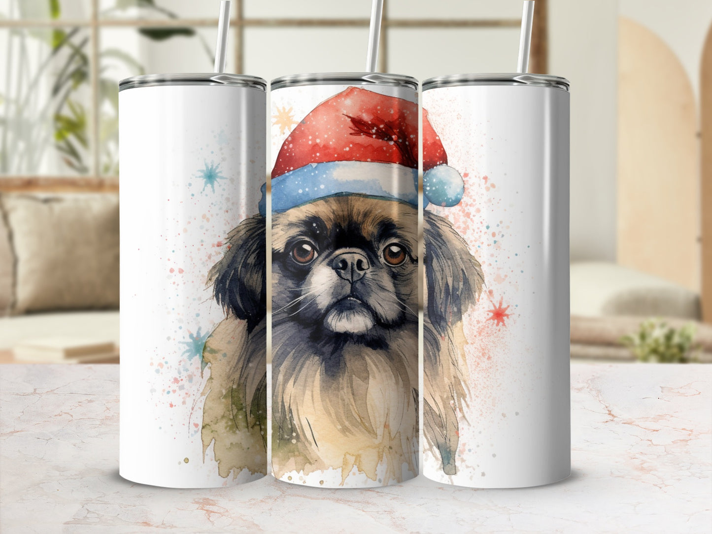 Watercolor Pekingese dog in Santa hat on three tumblers.
