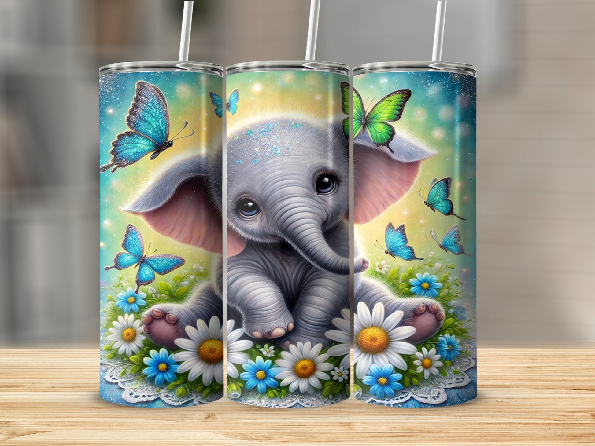 Adorable Elephant with Butterflies and Flowers Tumbler