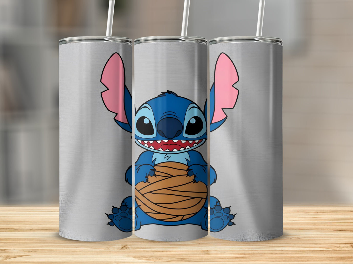 Blue cartoon Stitch character holding a brown yarn ball on a textured background.