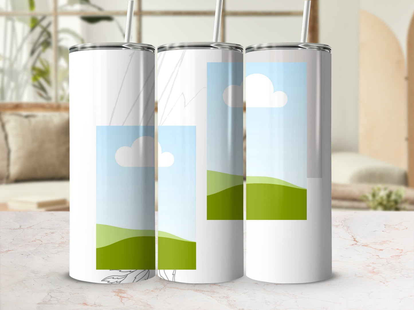 Three white tumblers with straw, featuring a sky and green hills design.