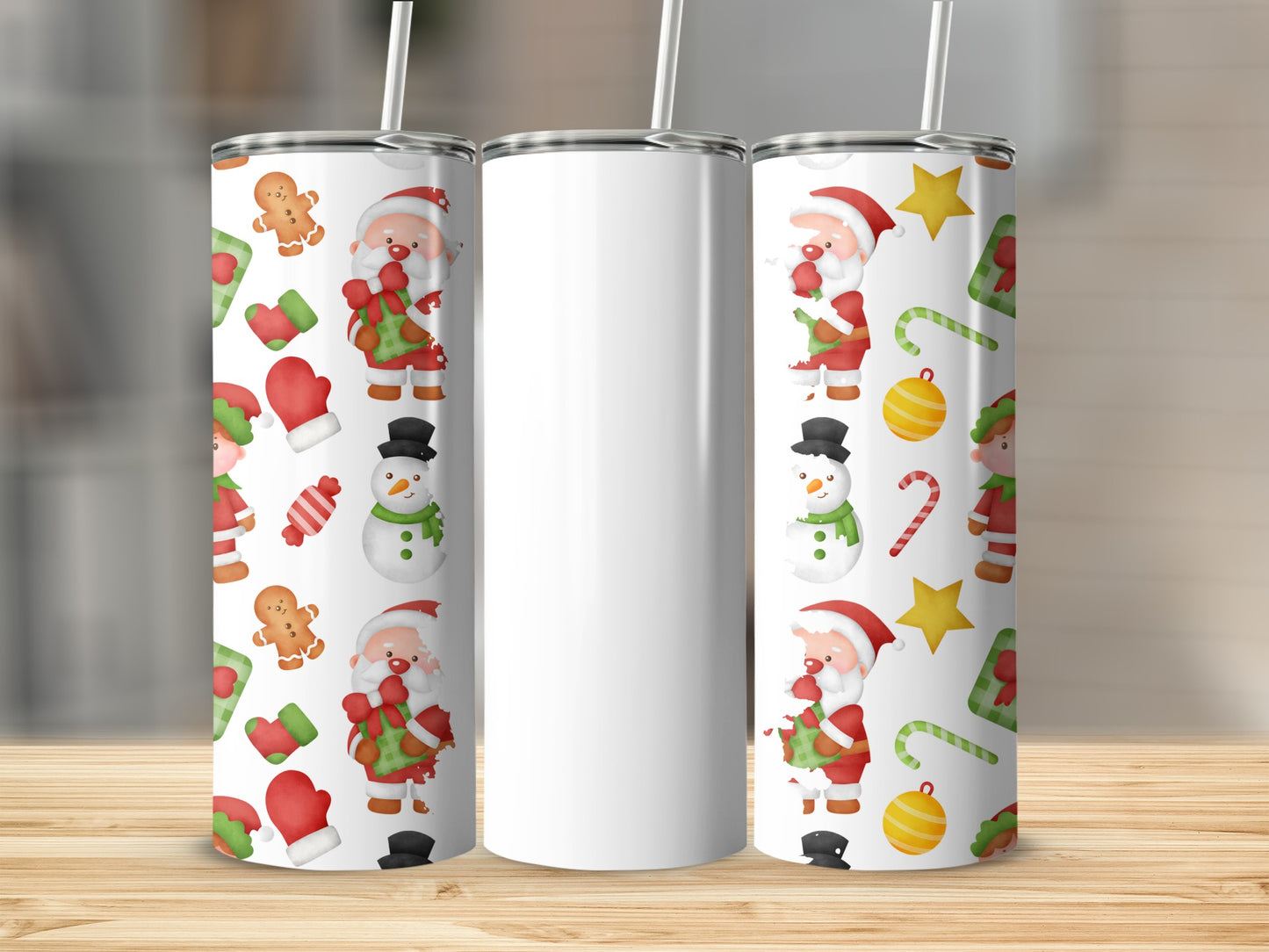 Festive Christmas Themed Tumbler with Santa Snowman Elf